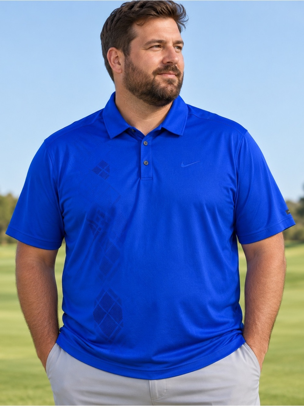 Nike Tiger Woods Golf Polo Mens XL Snaps Short Sleeve Argyle Blue Stretch
